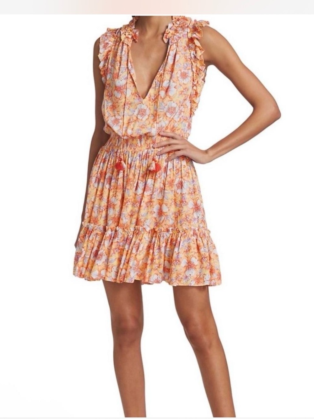 Poupette St. Barth Orange Floral Ruffle V-Neck Mini Dress